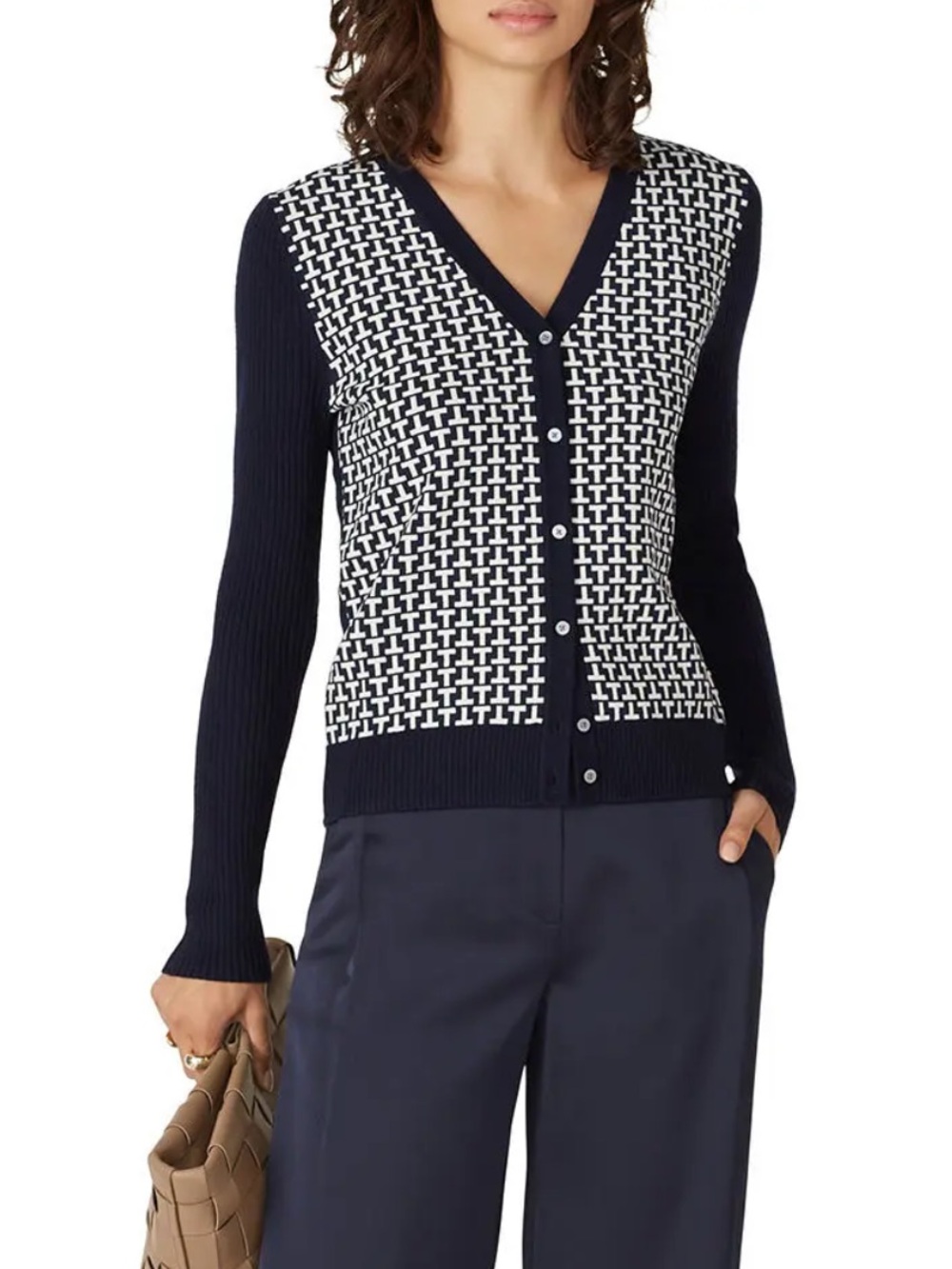 Tory Sport Navy and White 100% Merino Wool Geometric V-Neck Cardigan